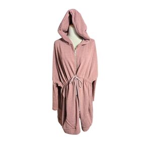 Free People Dusty Rose Hooded Zip Front Drawstring Sweatshirt Duster